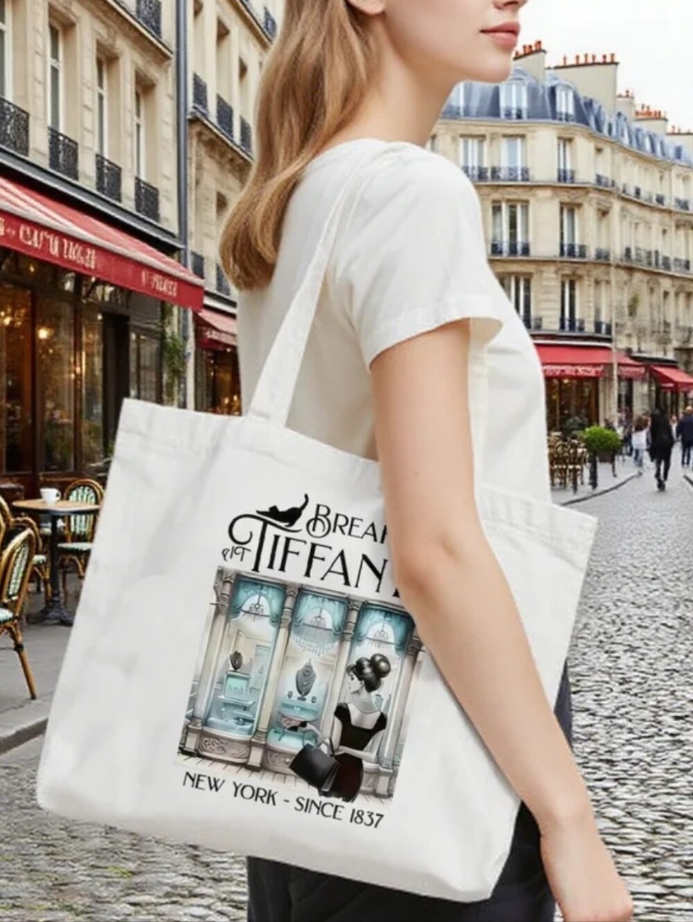 Tiffany & Co. White Canvas Tote with Blue Shopfront Graphic